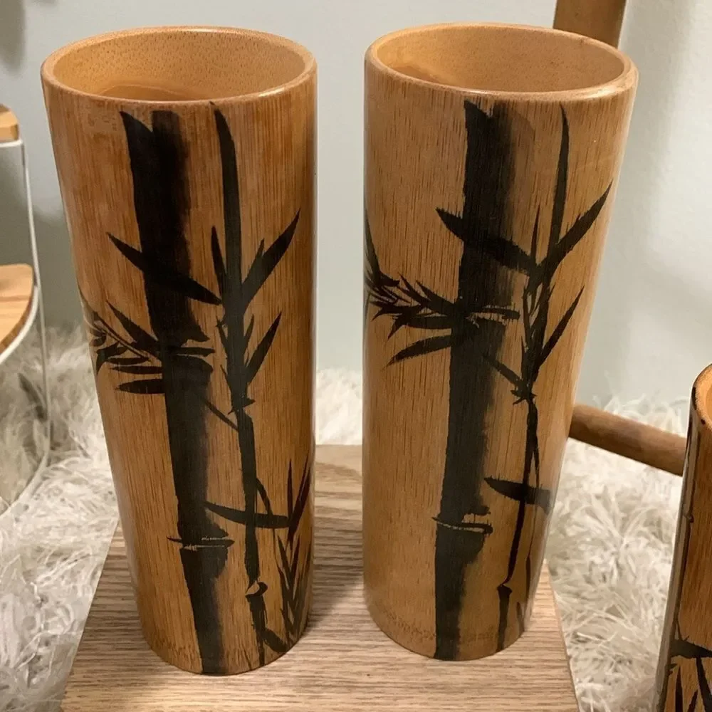 Angel Bamboo Cup Set Of 4 Tall 2‎ Short Handpainted Bamboo Drinking Cups Vintage